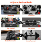 Set de mancuernas ajustables 5 en 1 | Ajuste rápido de peso con un toque y 5 niveles | Opciones de 12KG/25KG | Entrenamiento de fuerza profesional para gimnasio en casa | Incluye placas de peso y barra corta