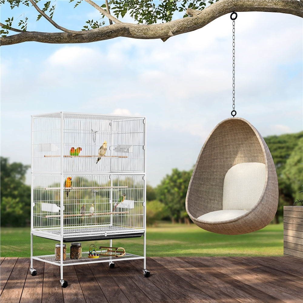 Jaula para pájaros con ruedas, 132 cm de altura, jaula grande para aves, pájaros y loros con compartimento de almacenamiento