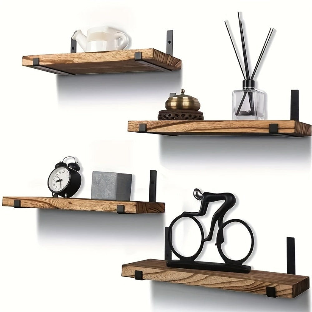Un juego de cuatro estantes de pared rústicos de madera marrones, ideales para almacenamiento flotante en la cocina, el dormitorio y la sala de estar, estantes flotantes