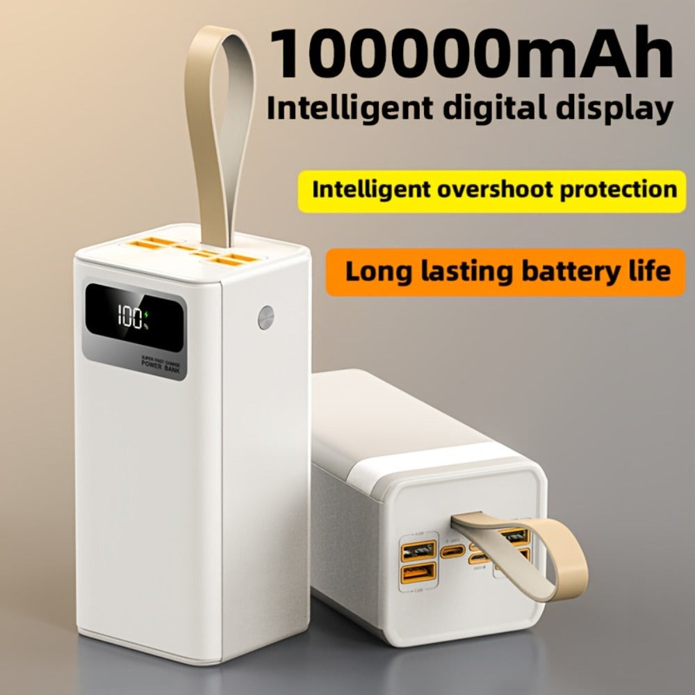Banco de energía de 100000 mAh, carga súper rápida de 22.5 W, banco de energía de capacidad ultragrand, pantalla digital inteligente, cordón de cuero, luz LED para acampada al aire libre, fuente de alimentación de respaldo para viajes, apto para teléfono,