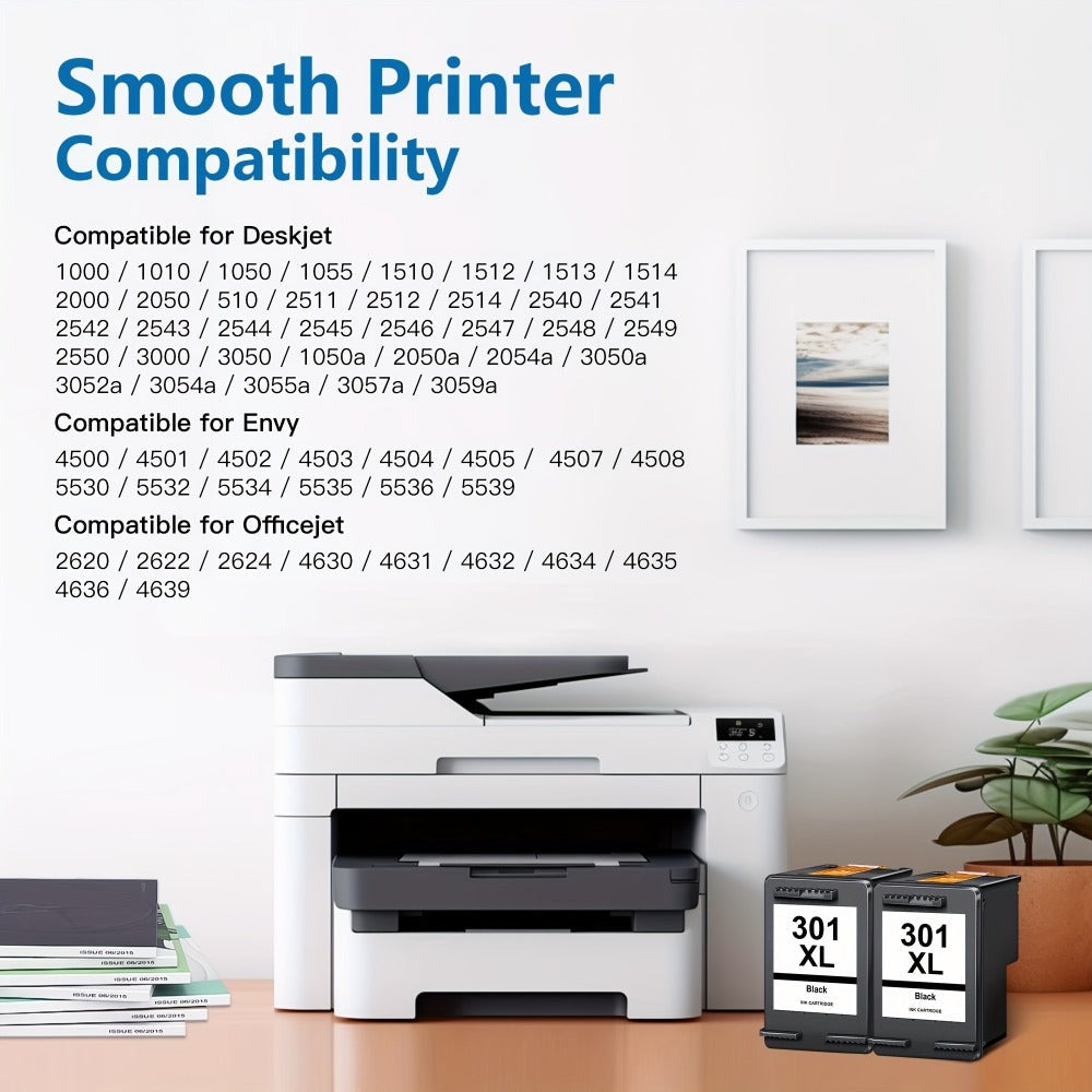 Cartuchos de tinta negros de alto rendimiento 301XL remanufacturados para HP 301 XL para impresoras HP Deskjet 1000 1010 1012 1015 1050 Envy 4500 4504 5530 Officejet 2620 2622 4630, 2 piezas
