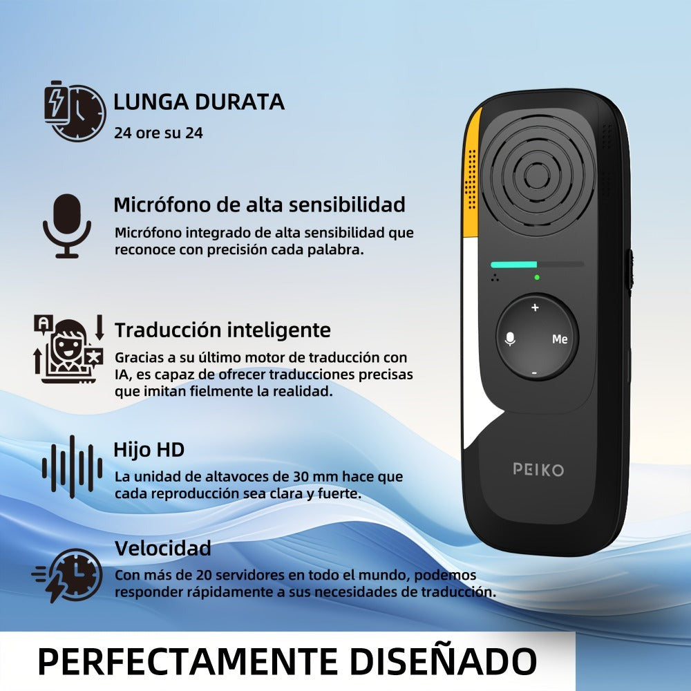 Dispositivo de traducción de lenguaje bidireccional portátil PEIKO con auriculares - Traducción de voz en línea instantánea, 75 idiomas, alta precisión, carga por tipo C, diseño compacto para viajes, negocios, aprendizaje, herramienta de traducción de via