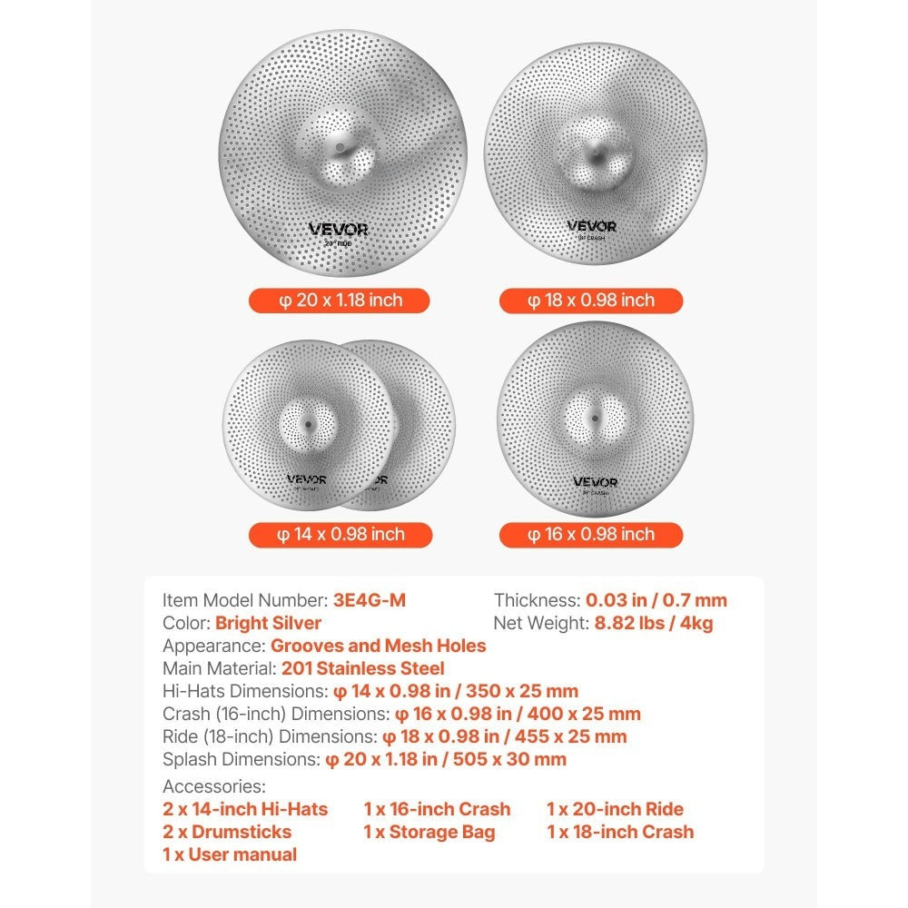 VEVOR Paquete de platillos de bajo volumen, 4 piezas de 14, 16, 18 y 20 pulgadas para batería