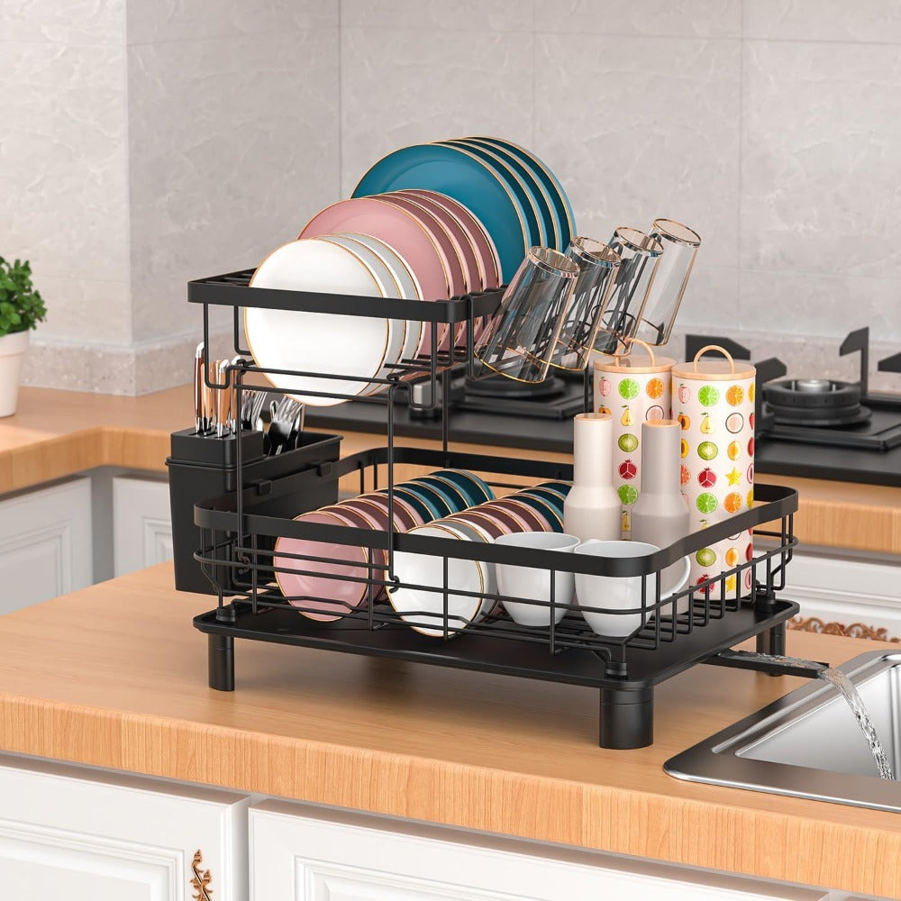 Estante de Platos de Doble Capa, Escurridor de Platos con Plato de Drenaje y Boquilla Giratoria, Estante de Platos con Organizador de Cubiertos y Portavasos - Regalo Perfecto para Mujeres, Esposa, Día de la Madre, Accesorio de Cocina