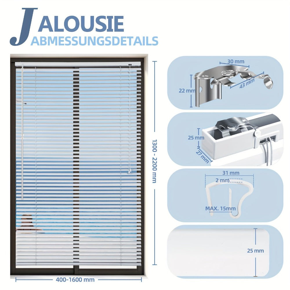 Persiana veneciana Sekey Klemmfix para ventanas, de suspensión libre, lamas de aluminio de 25 mm, con perforación, incluye material de montaje, persiana de aluminio, sin perforación