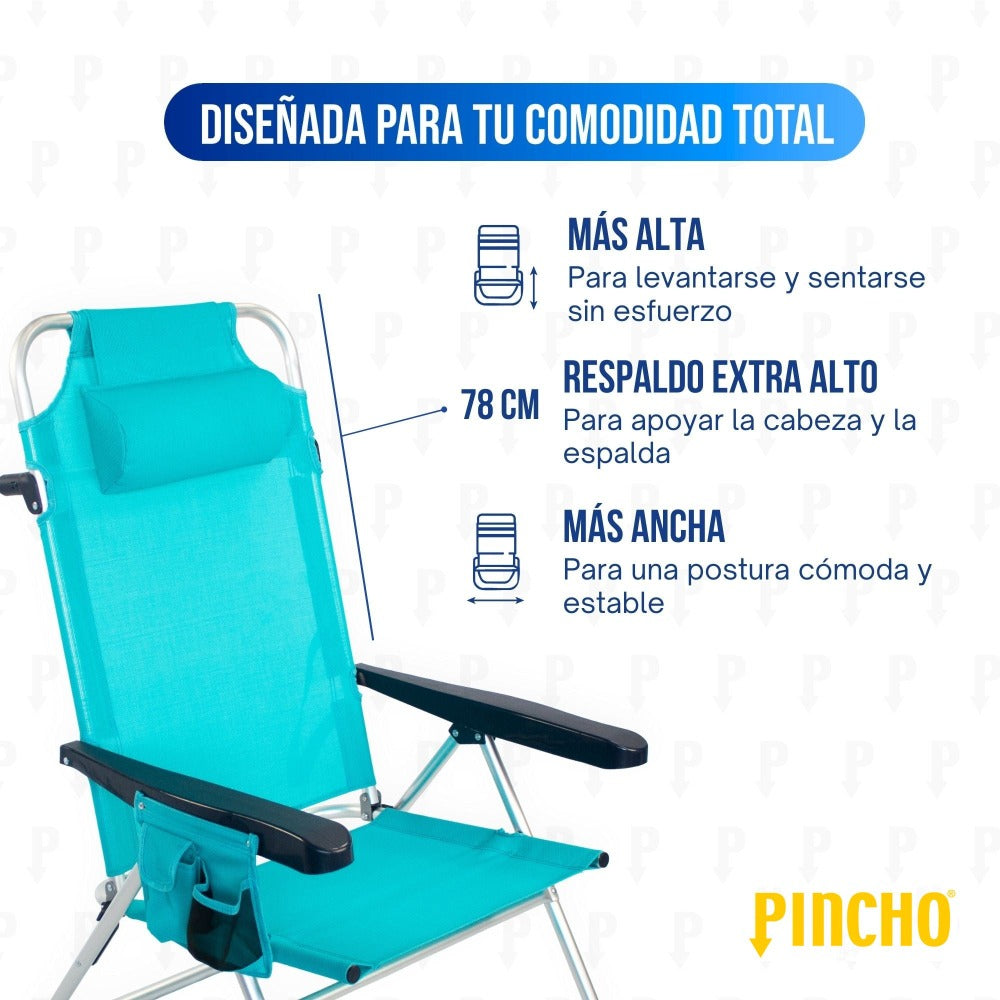 Silla Playa Plegable, Sillon Alto con Cojín, Reclinable, Altura del Asiento 29,5 cm, Asa de Transporte, Bolsillo para Movil y Bebida Textileno Resistente, Jardin, Camping, Hamaca
