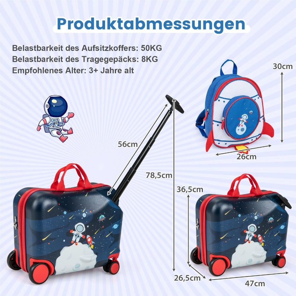 Juego de Equipaje Infantil de 2 Piezas + Mochila, Maleta con Ruedas de 12"+18" y Carcasa Impermeable, Equipaje para Niños y Niñas con Tema de Astronauta (Tema Astronauta)