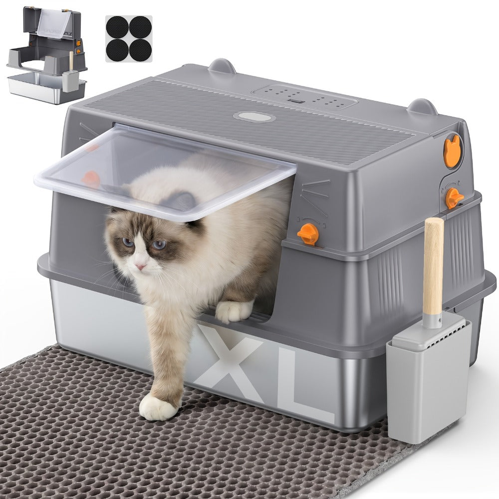 Bandeja de arena para gatos XXL de acero inoxidable con recinto desmontable, gran capacidad de 32L, incluye tapete XXL para arena de gato, pala metálica y escaleras para gatos mayores, apta para todos los gatos