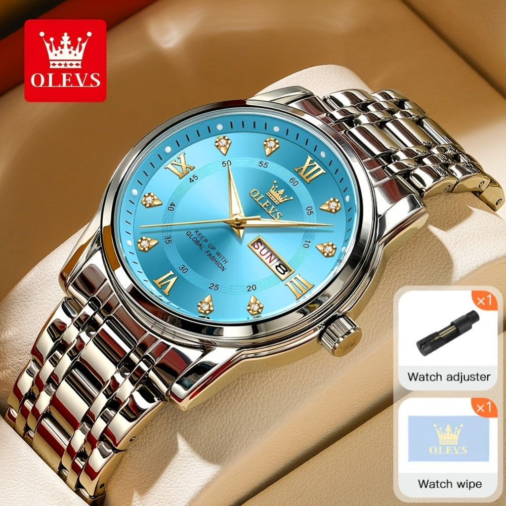 OLEVS Reloj de Lujo para Hombre, Diseño Elegante de Negocios con Diamantes de Imitación, Cuarzo Clásico de Acero Inoxidable para Hombre, Calendario Diurno Luminoso, Ideal para Regalos Románticos, Disponible en Esfera Azul/Negro/Blanco/Dorado