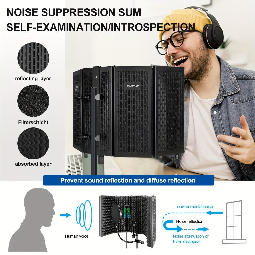 Aokeo Filtro Anti Pop, Escudo de Aislamiento para Micrófono de Estudio, Filtro Pop. Absorbe y Filtra el Sonido. Compatible con Blue Snowball y Cualquier Micrófono de Condensador (AO-505 con Soporte)