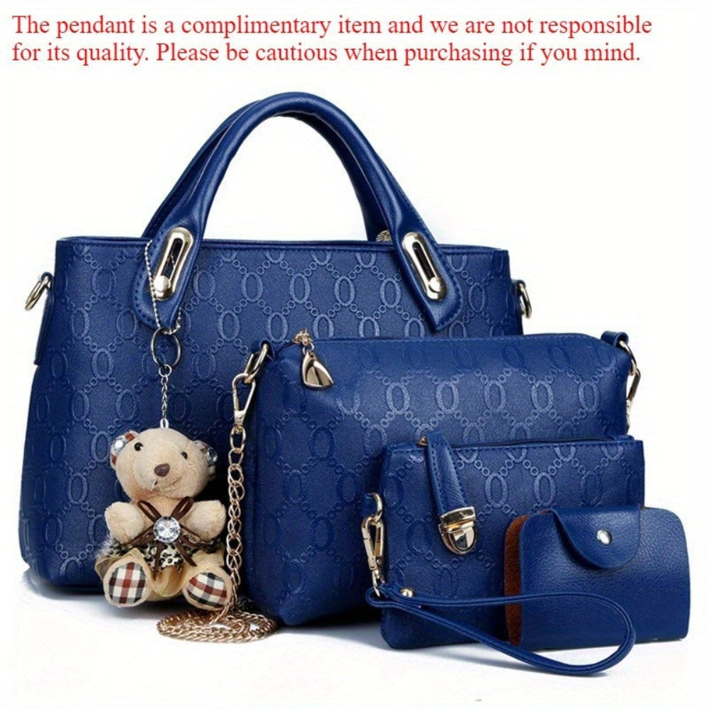 Juego de 4 piezas de bolso para mujer de moda retro con relieve, bolso tote simple de gran capacidad, bolso cruzado casual y versátil de un solo hombro, un colgante de oso al azar, bolso de mano portátil, monedero, adecuado para desplazamientos diarios, v
