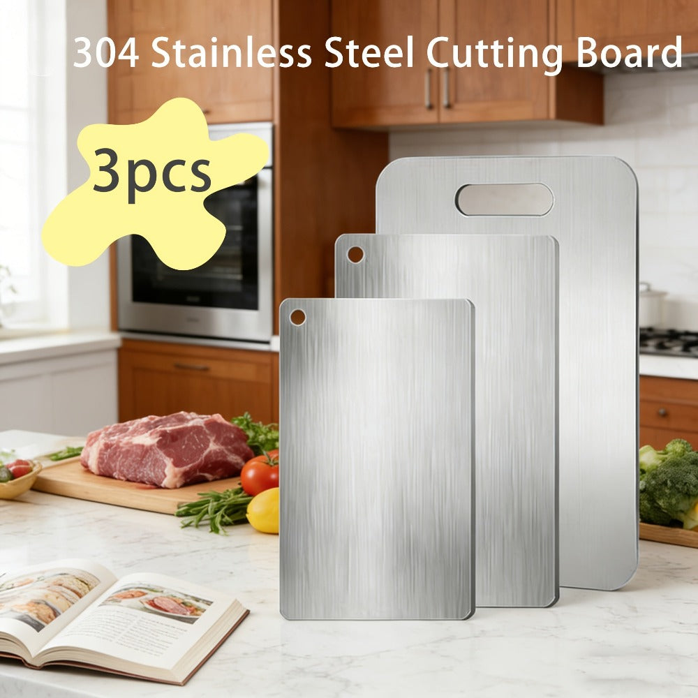Juego de 3 tablas de cortar de acero inoxidable, diseño portátil, duraderas, fáciles de limpiar, pueden estar en contacto directo con alimentos, aptas para cortar frutas, verduras, carne y pan, varios tamaños para satisfacer necesidades diarias.