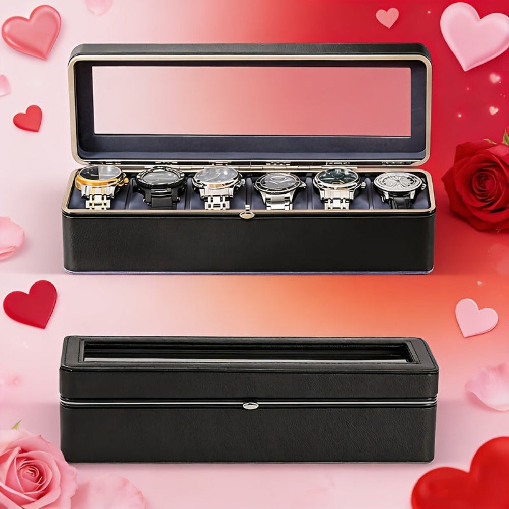 Caja de almacenamiento de relojes de lujo con 6 compartimentos y tapa transparente - Espacio de almacenamiento espacioso, adecuada para relojes mecánicos y de cuarzo para hombres y mujeres, diseño portátil para uso doméstico o de viaje, solución de almace