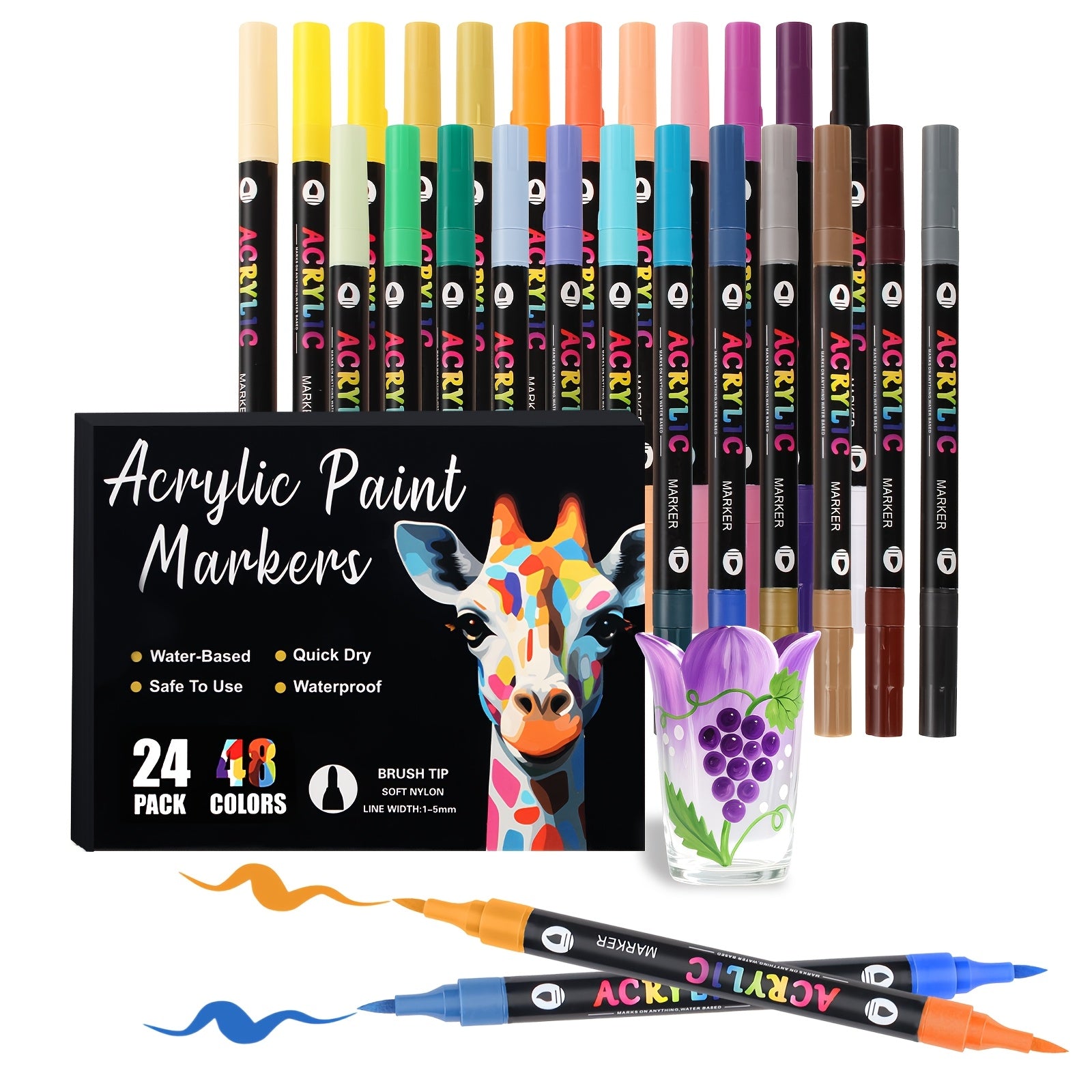 Paquete de 12 rotuladores de pintura acrílica de 24 colores/paquete de 24 de 48 colores/paquete de 36 de 72 colores, punta de pincel de doble cabeza, bolígrafo de pintura acrílica de dos colores, apto para adultos, piedra, madera, roca, lienzo, plástico,