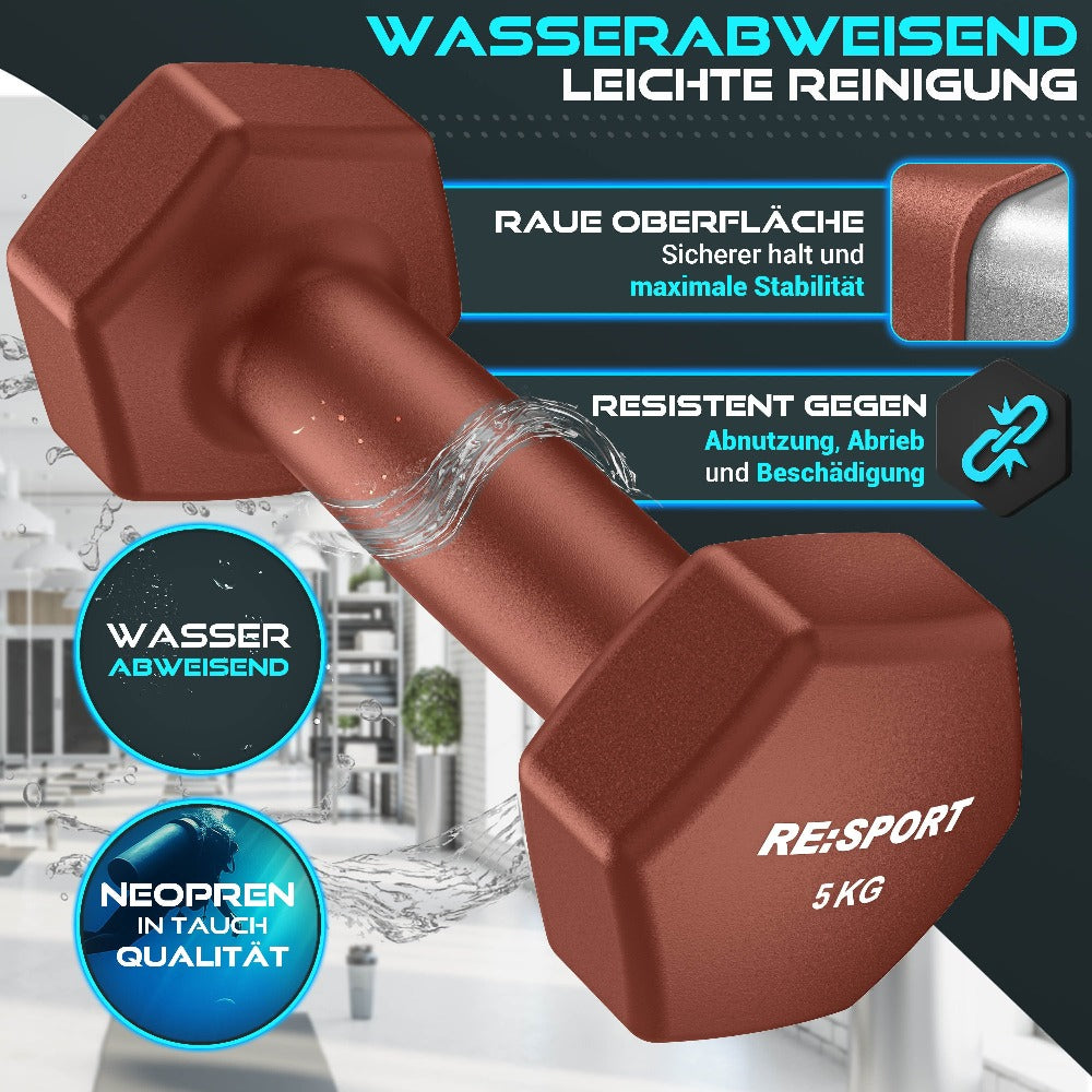 RE:SPORT® Juego de Mancuernas 3 Pares, 1Kg - 5Kg, 12Kg o 18Kg con Soporte y 3 Bandas Elásticas Fitness | Mancuernas Cortas Antideslizantes de Neopreno para Mujeres y Hombres | Juego de Mancuernas