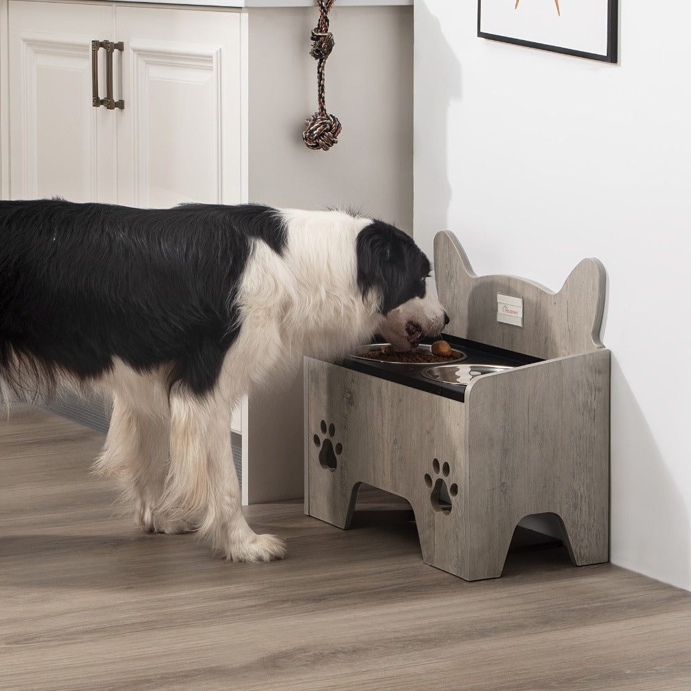Comedero Elevado para Mascotas con Dos Tazas de Acero Inoxidable, Diseñado para Evitar Derrames, Apto para Perros de Todo Tamaño, con un Diseño Vintage Marrón y Negro