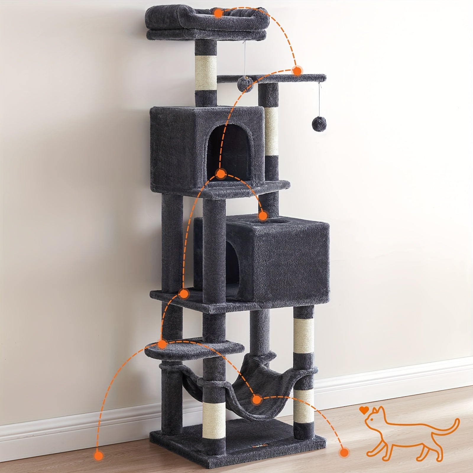 Torre rascadora para gatos 155 cm | Juego descanso y cuidado de las uñas