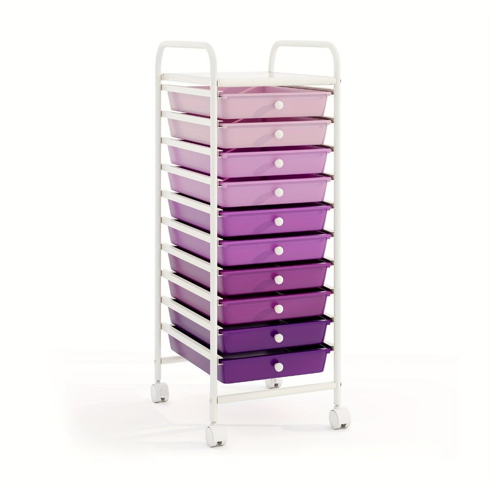 Carrito de 10 Cajones con Ruedas Bloqueables, Carrito de Almacenamiento con Cajón Extraíble, Organizador Multifuncional para el Hogar, Carrito Utilitario Móvil con Estructura de Metal y Asa, Almacenamiento de Suministros de Oficina, Morado y Rosa
