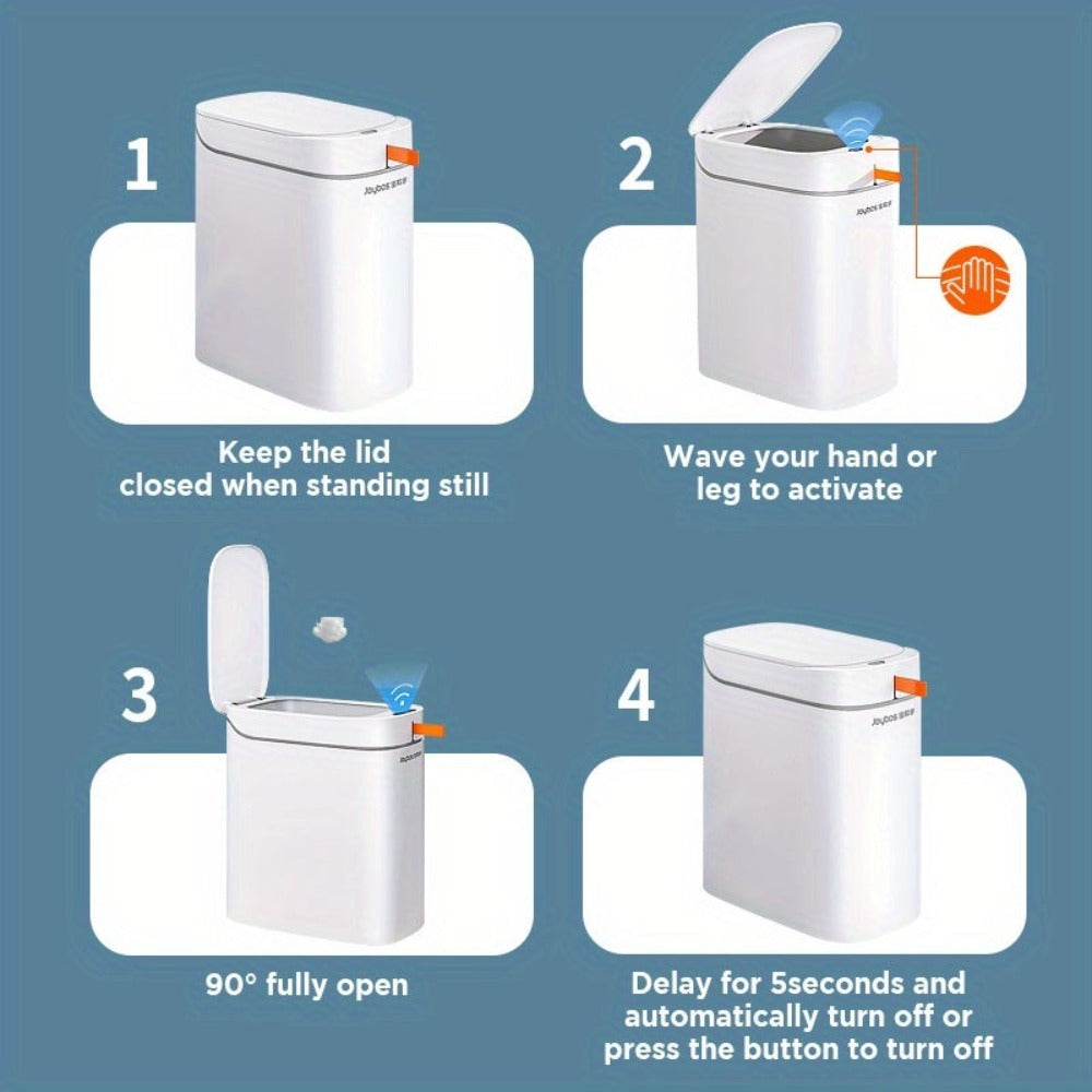 Cubo de basura de 14 litros/13.25 L con sensor sin contacto y tapa - Papelera de residuos activada por movimiento sin manos, funcionamiento higiénico adecuado para baño, dormitorio, oficina, hogar, cubo de plástico rectangular compacto para espacios peque