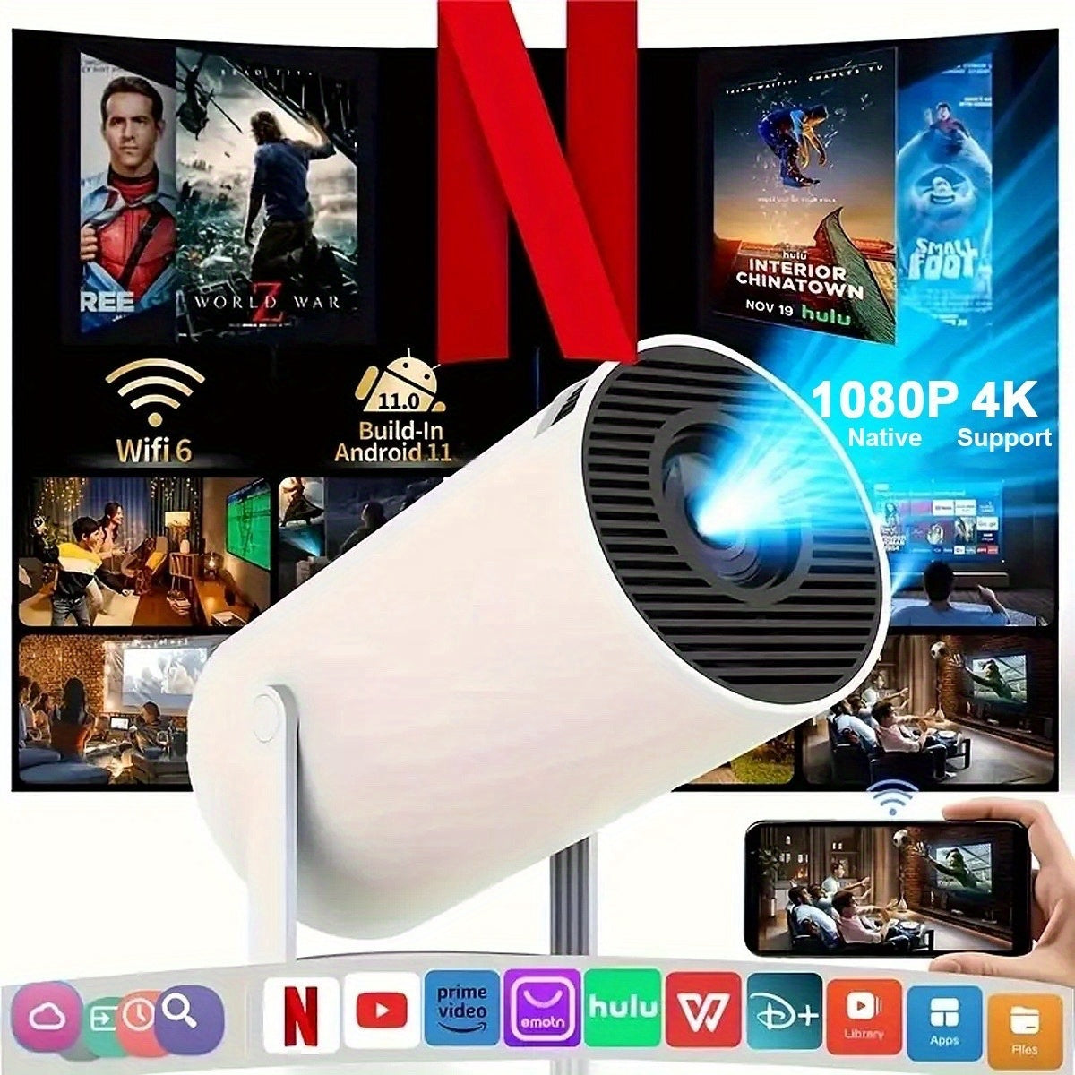 Proyector | Mini Proyector con Wifi y BT, Soporte Full HD Local 1080P a 4K, Proyector Portátil, Soporte Giratorio de 210 Grados, Corrección