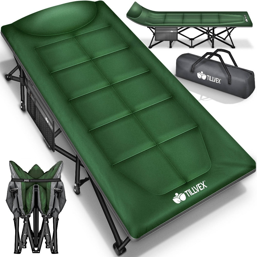 Tillvex® Cama Plegable para Camping con Bolsa de Transporte, Soporta Hasta 200 kg, Cama Extra Ancha para Camping, Cama de Campaña, Cama de Pesca para Uso en Exteriores e Interiores, Cama Plegable para Invitados, Portátil para Jardín, Camping, Pesca, Festi