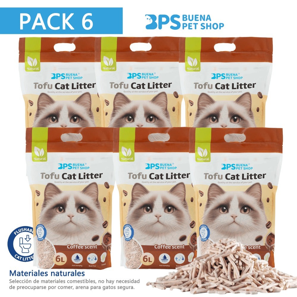 Arena de Tofu para Gatos 6L - Sin Polvo Fácil de Aglomerar y Controla Olores - y Segura para Gatitos - Pack de 6 Bolsas