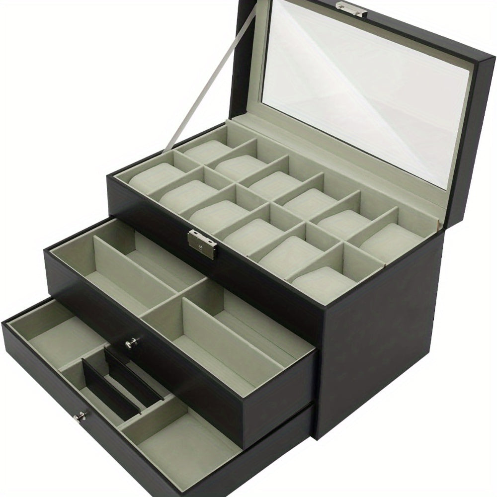 Caja de Joyería, Estuche de Almacenamiento de Joyería con 2 Cajones, Organizador de Joyería de 3 Niveles, Estuche de Reloj con 12 Ranuras, Gabinete de Joyería de Escritorio para Pendientes y Anillos, Gran Regalo, Negro