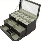 Caja de Joyería, Estuche de Almacenamiento de Joyería con 2 Cajones, Organizador de Joyería de 3 Niveles, Estuche de Reloj con 12 Ranuras, Gabinete de Joyería de Escritorio para Pendientes y Anillos, Gran Regalo, Negro