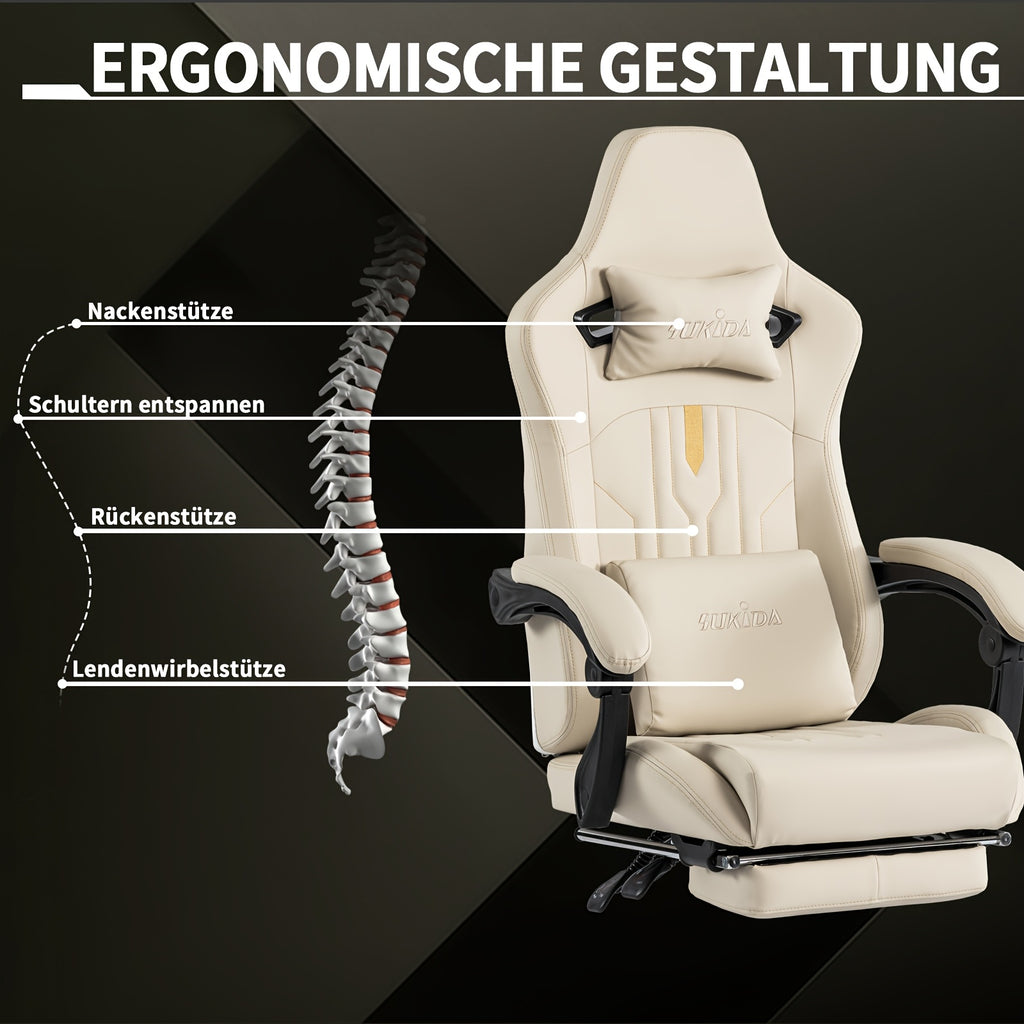 Silla de Juego y Oficina, Silla de Computadora con Reposapiés, Reposacabezas y Soporte Lumbar, Silla Ergonómica, Silla Giratoria y Ajustable en Altura, Opciones en Gris, Beige, , Marrón y Verde