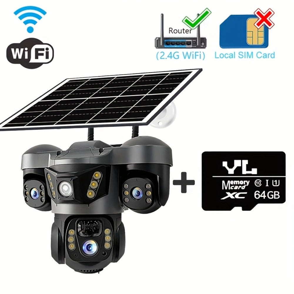 Cámara solar con WiFi V380 PRO de 3 lentes, 1080P, resistente al agua, HD, para exteriores, CCTV, visión nocturna, audio bidireccional, cámara de red con seguimiento de movimiento, cámara PTZ, seguimiento automático, alarma y visión nocturna en color, rot