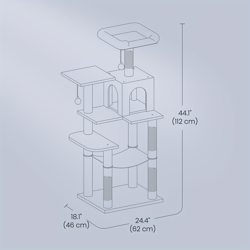 Rascador para gatos | Torre para Gatos Feandrea de Múltiples Niveles con 4 Postes Rascadores, Hamaca Acolchada y Cueva Acogedora - Mueble