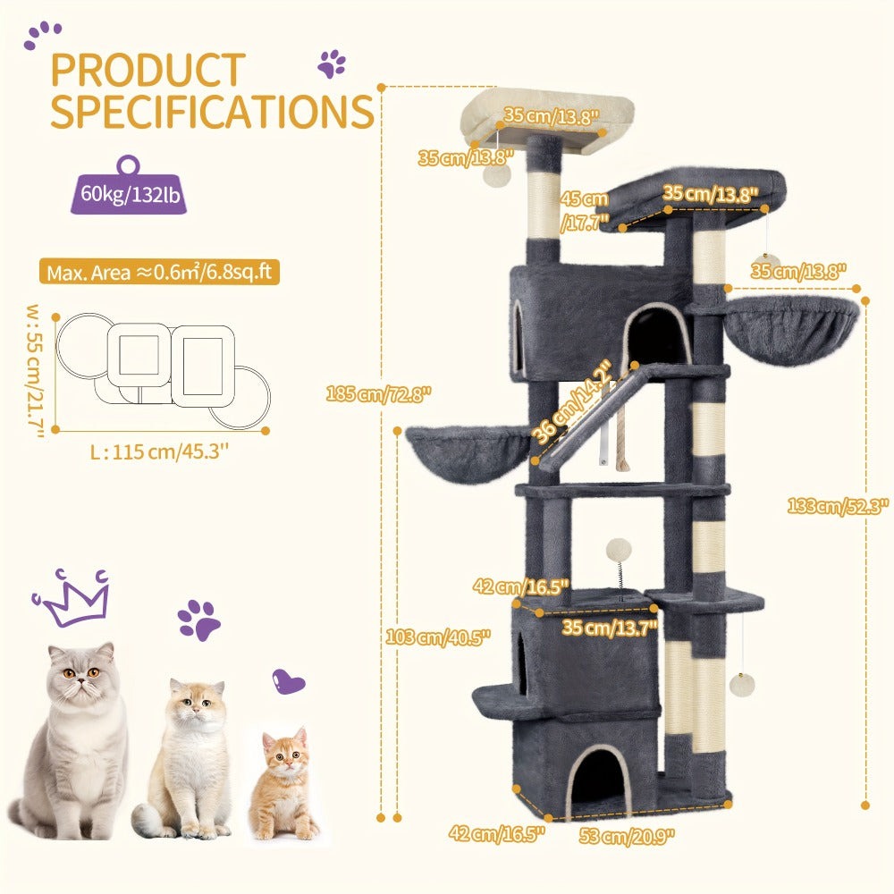 Árbol para Gatos de 185 cm, Torre Grande para Gatos de Interior, Mueble para Gatos con 2 Plataformas, 3 Condominios, 6 Postes para Rascar, 2 Cestas, Pompones y Cojín Lavable