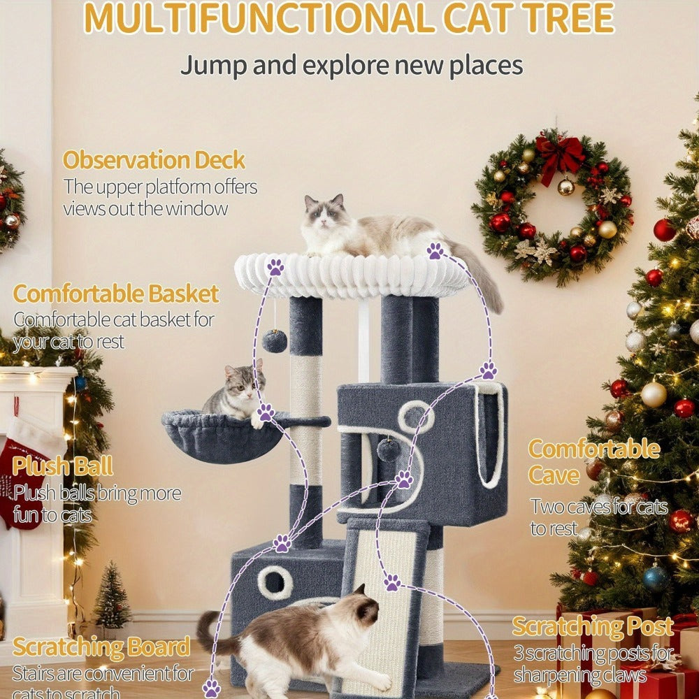 Árbol para Gatos Adecuado para Espacios Pequeños con Plataformas de Peluche, Postes de Sisal para Rascar y Base Antivuelco - Rampa de Escalada Multinivel, Cueva y Pompones - Árbol de Juego Resistente para Gatitos y Gatos (Gris Oscuro)