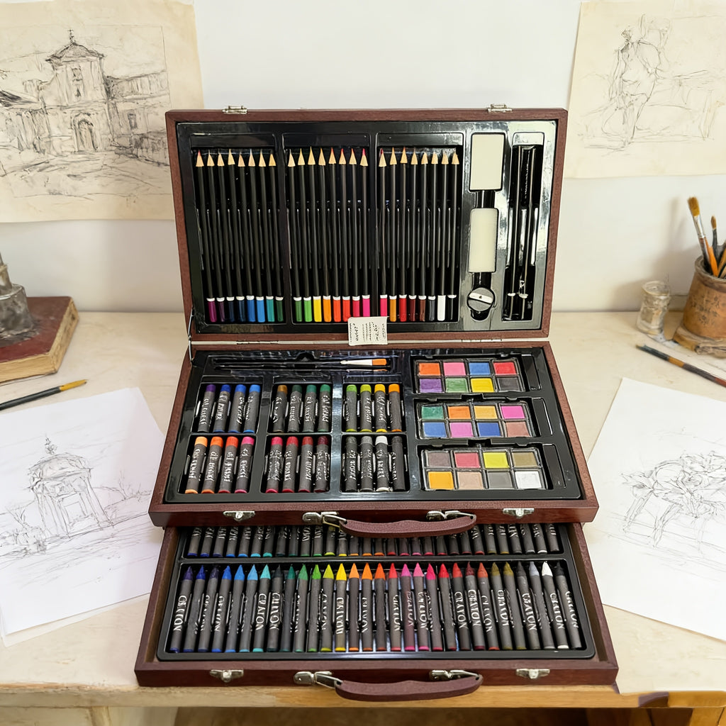 Set de Arte de Lujo (Incluye Dibujos y Lápices de Colores en una Caja de Almacenamiento de Madera), Set de Herramientas de Arte Profesional para Adultos, Suministros para Pintar para Artistas, Ideal para Bocetos al Aire Libre, Perfecto como Regalo para Fe