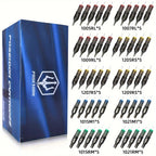 50 Agujas de Cartucho para Tatuaje Poseidon Surtidas en Varios Tamaños, Incluyendo Tipos Redondo Liner, Shader y Magnum, Disponibles en Opciones Curvas y Redondas