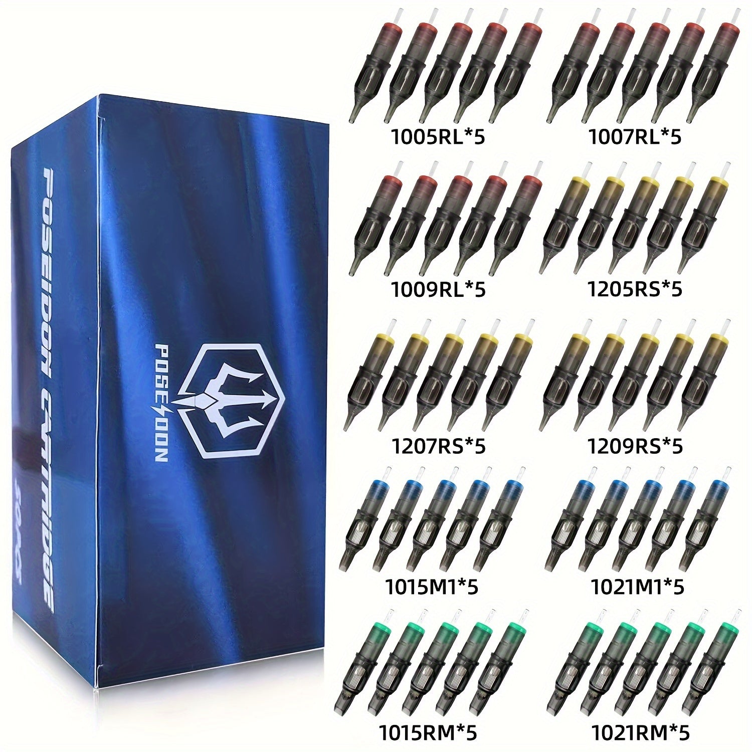 50 Agujas de Cartucho para Tatuaje Poseidon Surtidas en Varios Tamaños, Incluyendo Tipos Redondo Liner, Shader y Magnum, Disponibles en Opciones Curvas y Redondas
