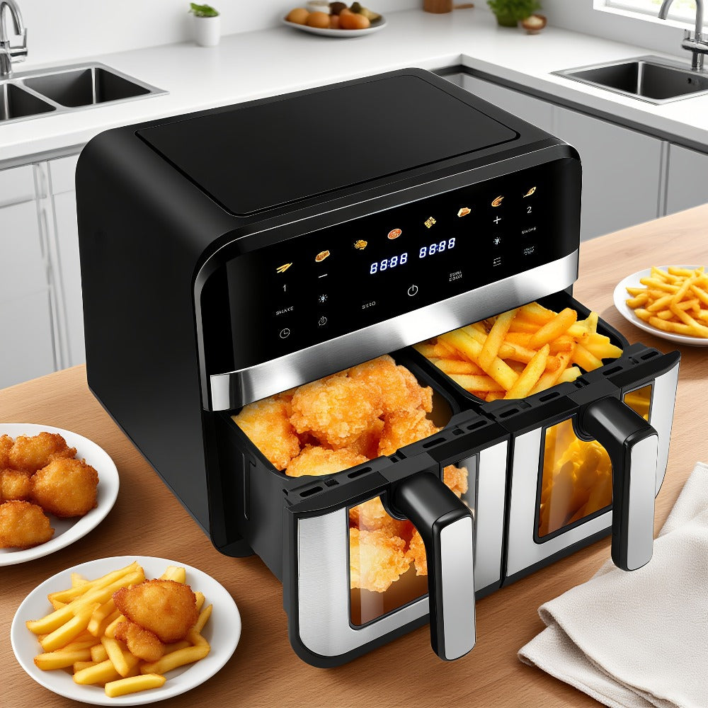 Freidora de aire de 9L con doble puerta y doble compartimento (4.5L+4.5L) - Calentamiento rápido de 2400W, ajustes preestablecidos inteligentes 8 en 1 (aves, pescado, pizza, pan), interfaz tipo pantalla táctil, temporizador de 60 min, control de temperatu