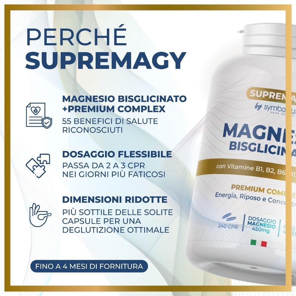 SUPREME MAGNESIO BISGLICINATO 450Mg (Hasta 4 Meses) 240 Pastillas - Complejo Premium | Vitamina B12, B1, B2, B6, C y Coenzima Q10 | Suplemento - Vegano y Hecho en Italia