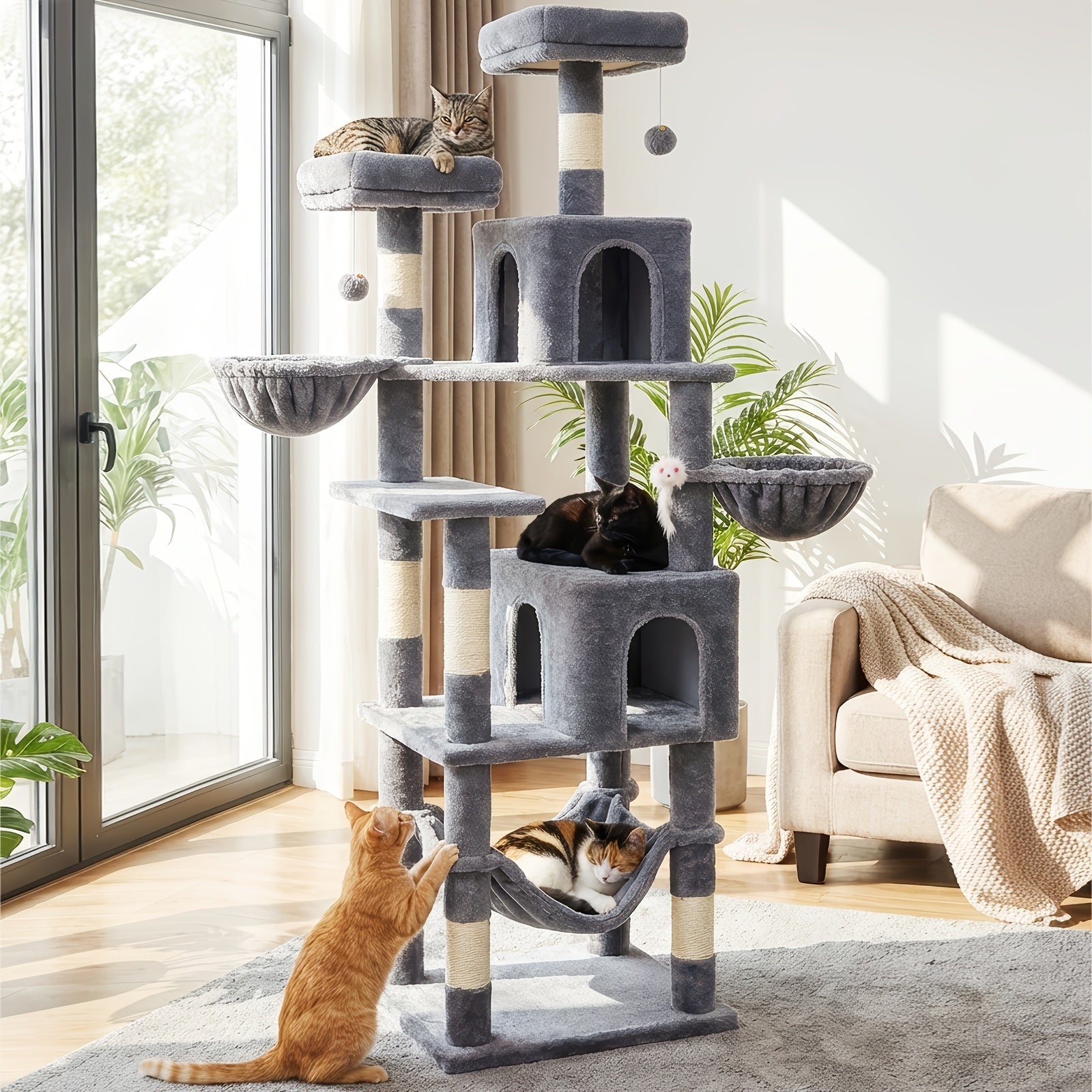 Rascador para gatos | AMHANCIBLE Árbol para gatos enorme, 180 cm, para gatos grandes adultos de interior, torre para gatos con 8 postes
