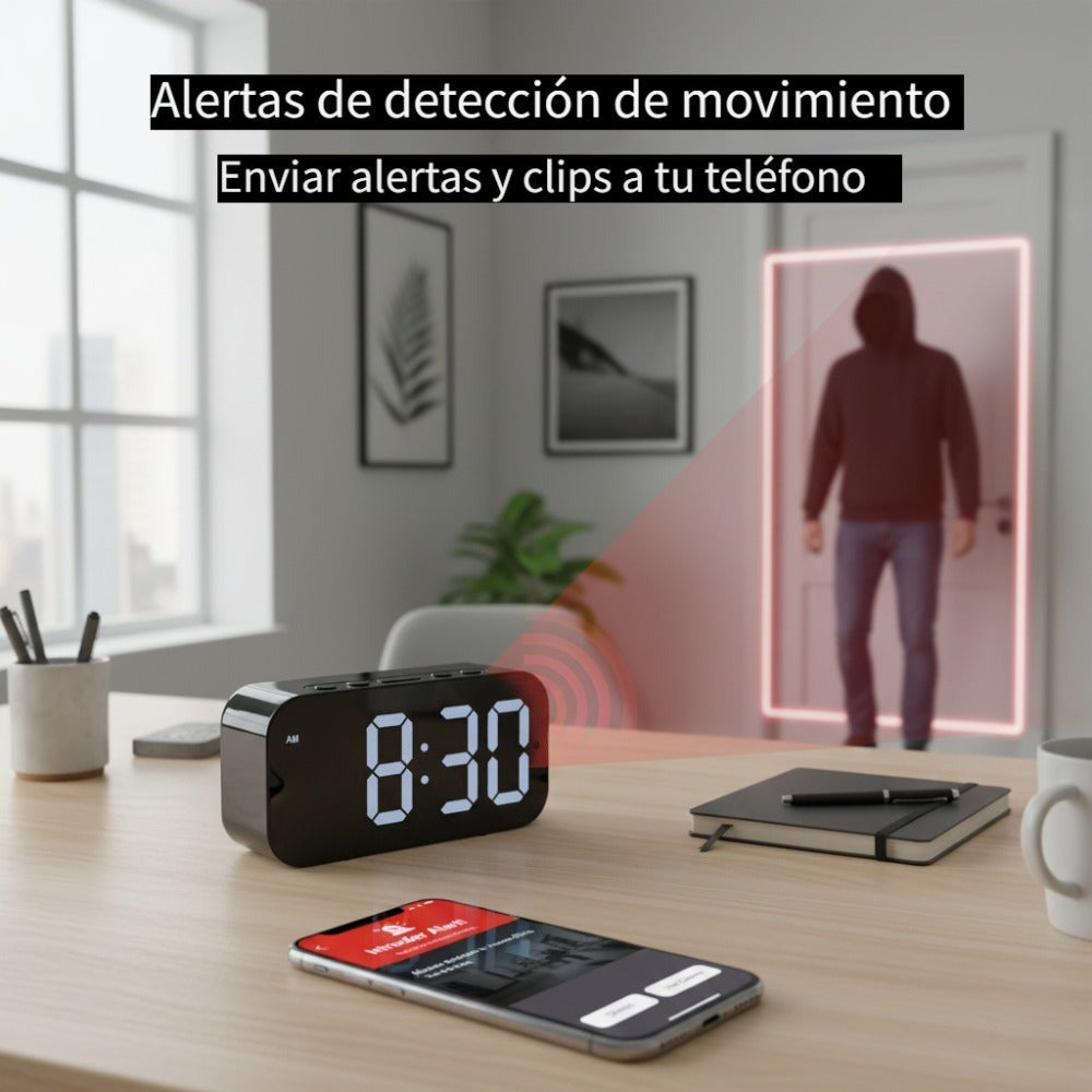 Cámara con reloj digital 1080P FHD, cámara de seguridad con tarjeta SD de 32 GB, punto de acceso AP y WiFi6, visualización remota en tiempo real, almacenamiento local, detección de movimiento, para uso en interiores en hogar, oficina y tienda inteligentes