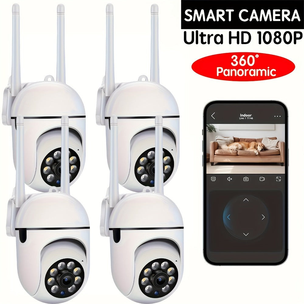 4 cámaras de seguridad inalámbricas Wifi 1080P HD con la APP Ease Life, para interior/exterior, visión nocturna a color, audio bidireccional, giro/inclinación/zoom de 360°, seguimiento y detección de movimiento para seguridad en el hogar, foco y sirena, a