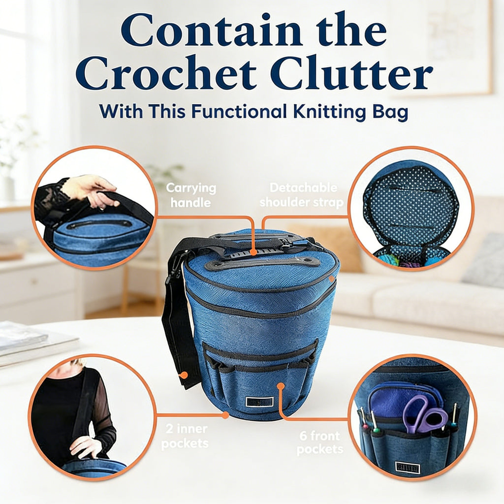 Bolso de Ganchillo Grande XL con Organizador de Hilos para 7 - Tote Portátil para Manualidades, Ideal para Suministros de Tejido y Crochet, Bandolera, Bolsa de Almacenamiento de Hilos para Patrones de Tejido, Ganchos, Agujas, Tela para Aficionados y Artes