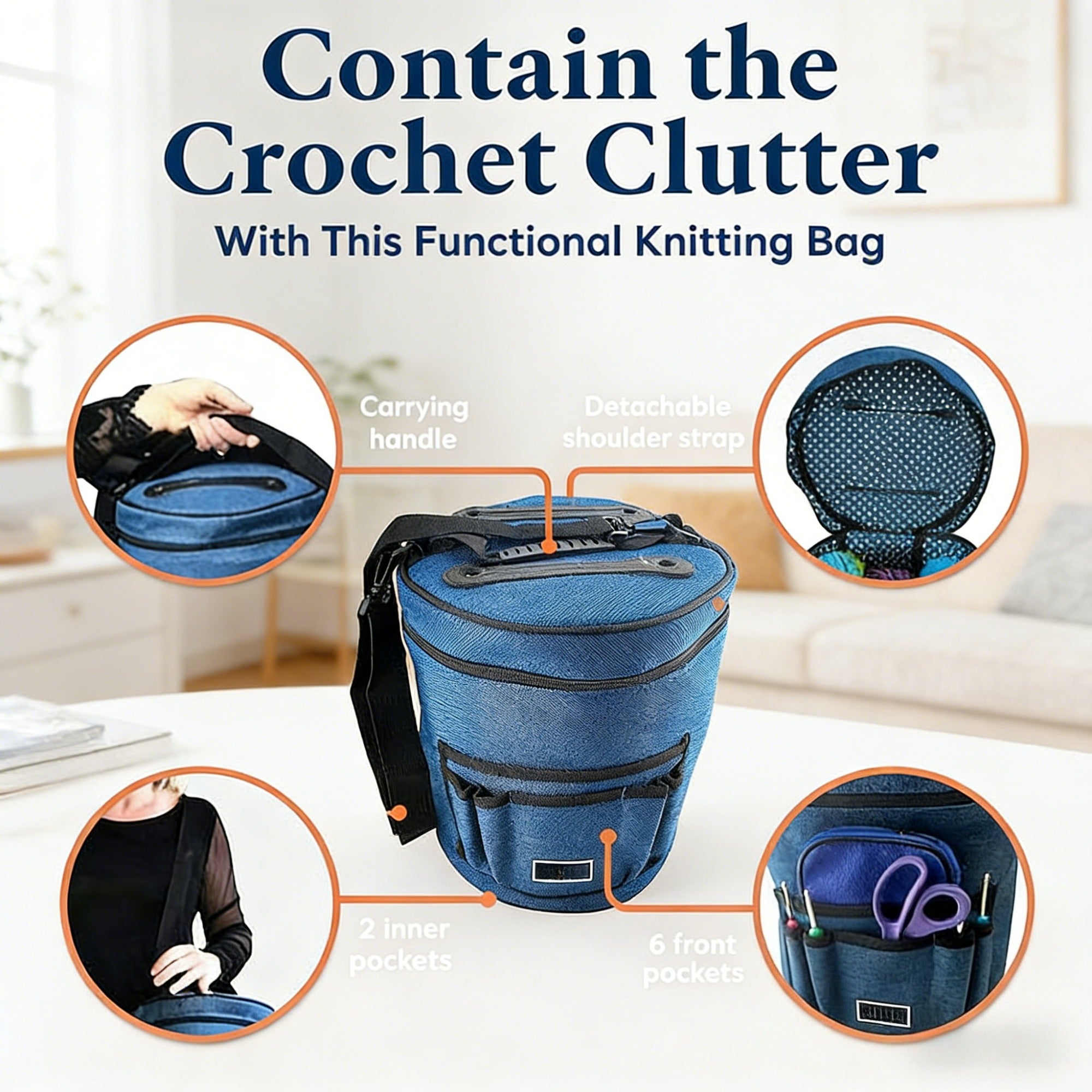 Bolso de Ganchillo Grande XL con Organizador de Hilos para 7 - Tote Portátil para Manualidades, Ideal para Suministros de Tejido y Crochet, Bandolera, Bolsa de Almacenamiento de Hilos para Patrones de Tejido, Ganchos, Agujas, Tela para Aficionados y Artes