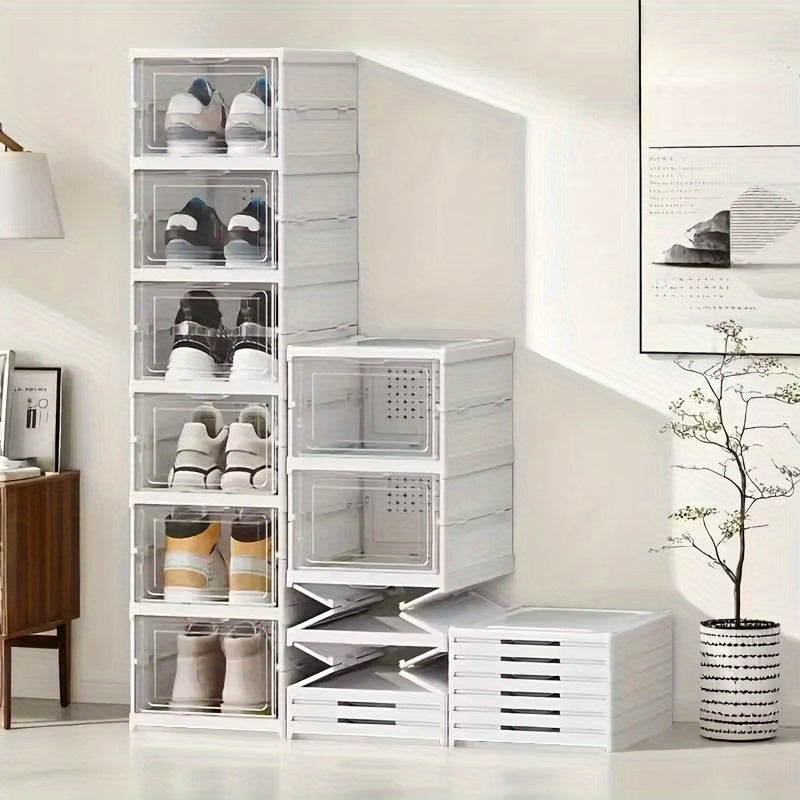 1pc Caja de Zapatos Plegable de 6/9 Niveles - Fácil de Instalar, Ahorro de Espacio - Caja de Almacenamiento Blanca Duradera, Diseño de Una Pieza, A Prueba de Polvo, Montaje Rápido, Ideal Para el Hogar, Dormitorio o Organización de la Entrada, Organizador