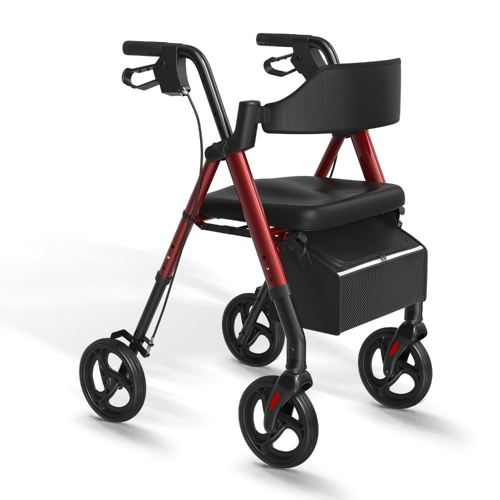 Andador Rollator Plegable para Adultos Mayores, Ayuda de Movilidad Ligera de Aluminio, Ruedas Univer Todoterreno de 20.32cm, Altura Dual Ajustable, Asiento y Respaldo Acolchado Ergonómico de PU, Capacidad de Peso de 136.08 KG