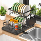 Escurridor de platos de 2 niveles con bandeja de goteo, escurridor de platos compacto para tazas, cuchillos, cucharas, tenedores - Regalo perfecto para mujeres, esposa, gadget de cocina para el Día de la Madre, tamaño 34 x 22 x 26cm
