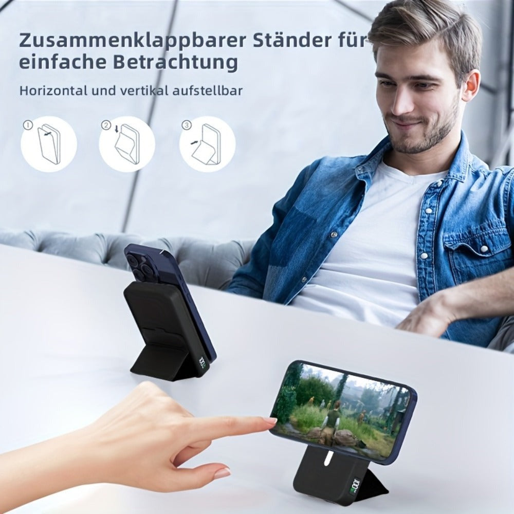 Batería Magnética, Cargador Inalámbrico Portátil Magnético Plegable de 10000Mah con Soporte y USB-C (Laterales), Exclusivo para iPhone 15/15 Plus/15 Pro/15 Pro Max, para iPhone 14/13 Serie