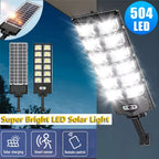 Luz de calle solar con sensor de movimiento y mando a distancia de 504 LED, luz solar de jardín con 3 modos de iluminación, reflector de seguridad de gran angular de 270°, luz de patio exterior de doble hilera superbrillante, para emergencias en calles co
