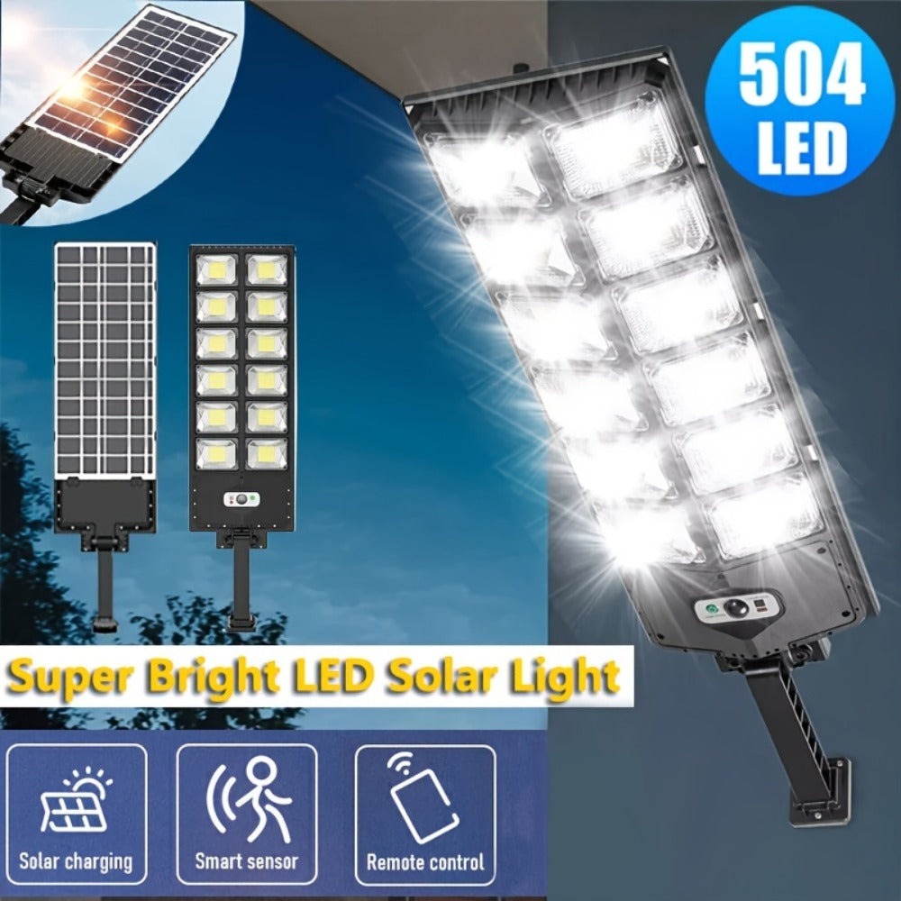 Luz de calle solar con sensor de movimiento y mando a distancia de 504 LED, luz solar de jardín con 3 modos de iluminación, reflector de seguridad de gran angular de 270°, luz de patio exterior de doble hilera superbrillante, para emergencias en calles co