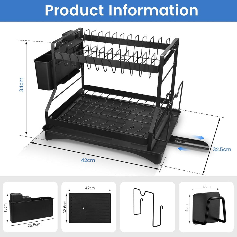 Escurridor de acero inoxidable de dos niveles con soporte para cubiertos, bandeja de goteo, portavasos y colador para fregadero